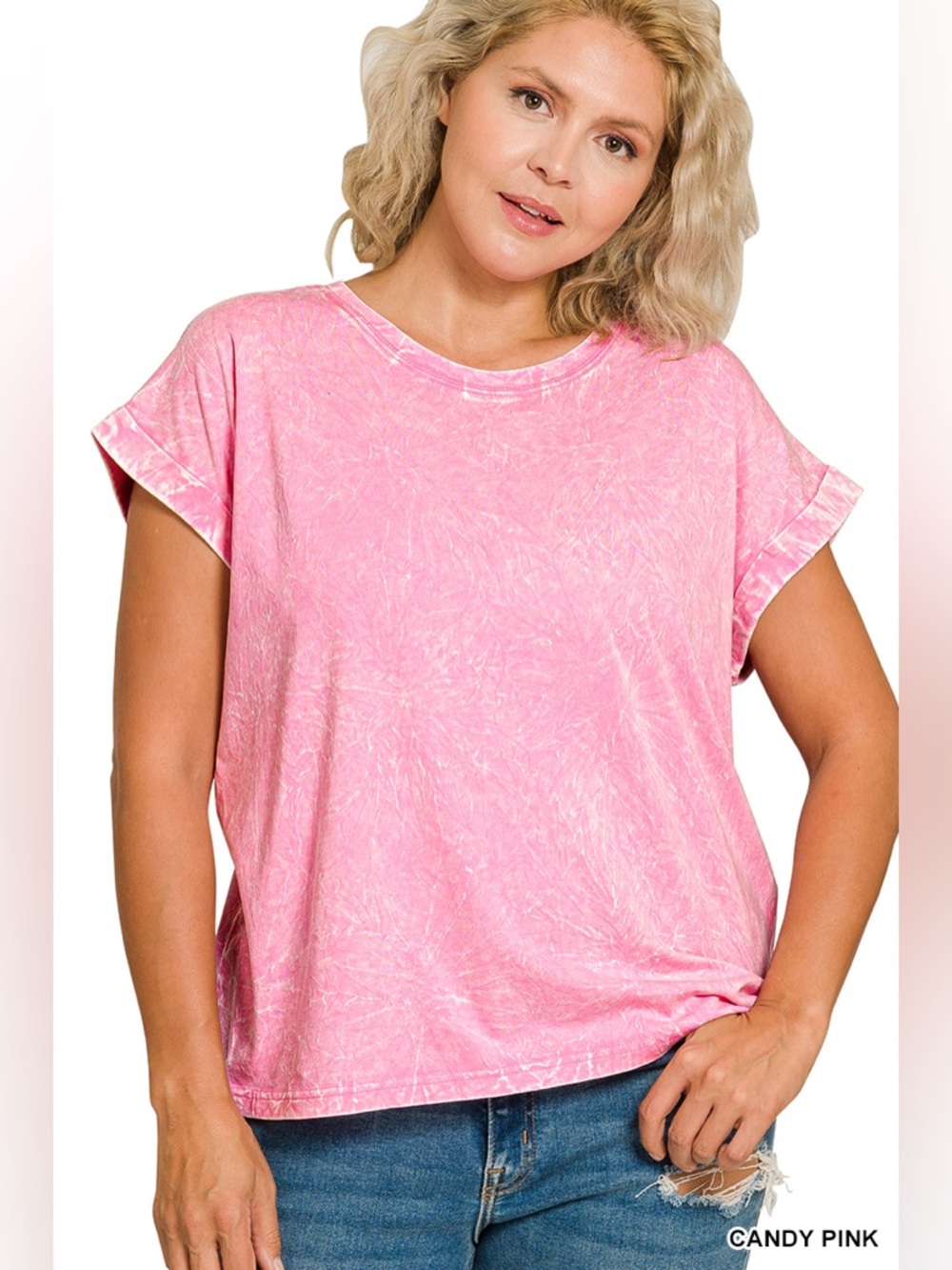 Zenana PLUS CRINKLE WASHED ROUND NECK FOLDED SHORT SLEEVE TEE